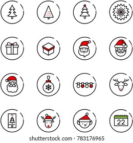 line vector icon set - christmas tree vector, firework, gift, santa claus, ball, garland, deer, mobile, hat, elf, calendar