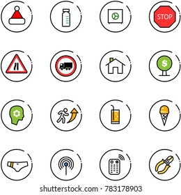 line vector icon set - christmas hat vector, vial, safe, stop road sign, narrows, no truck, home, money tree, brain work, career, drink, ice cream, swimsuit, antenna, remote control, side cutters