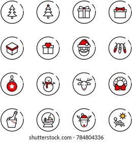 line vector icon set - christmas tree vector, gift, santa claus, garland, ball, snowman, deer, wreath, champagne, snowball house, hat, beach