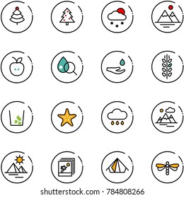 line vector icon set - christmas tree vector, snowfall, mountains, apple, blood test, drop hand, spica, garbage, starfish, rain cloud, pyramid, photo, tent, dragonfly