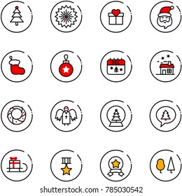 line vector icon set - christmas tree vector, firework, gift, santa claus, sock, ball, calendar, house, wreath, angel, snowball, merry message, sleigh, star medal, forest