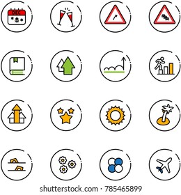 line vector icon set - christmas calendar vector, wine glasses, turn right road sign, multi lane traffic, book, arrow up, growth, career, arrows, stars, sun, palm, flip flops, flower, atom core