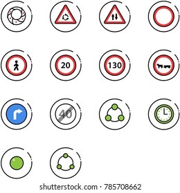 line vector icon set - christmas wreath vector, round motion road sign, oncoming traffic, prohibition, no pedestrian, speed limit 20, 130, cart horse, only right, end, social, time, record