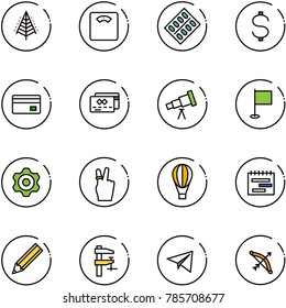 line vector icon set - christmas tree vector, floor scales, pills blister, dollar, credit card, telescope, flag, gear, victory, air balloon, terms plan, pencil, clamp, paper plane, bow