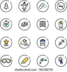 Line Vector Icon Set - Christmas Tree Vector, Santa Claus, Pills, No Smoking Sign, Stopwatch Heart, Dollar, Money Chest, Award, Palm, Chevron, Nail Dowel, Protective Glasses, Work Knife, Boomerang