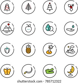 line vector icon set - christmas tree vector, holly, mountains, apple, blood test, drop hand, sweet pepper, pineapple, palm, butterfly, sickle, crocodile, moon lamp