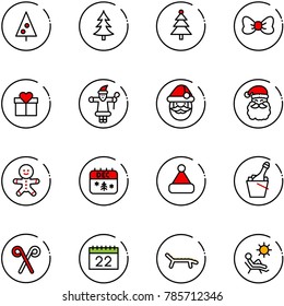 line vector icon set - christmas tree vector, bow, gift, santa claus, cake man, calendar, hat, champagne, stick, lounger, beach