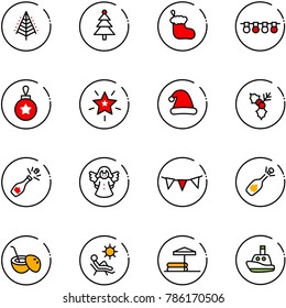 line vector icon set - christmas tree vector, sock, garland, ball, star, hat, holly, champagne, angel, flag, fizz opening, coconut cocktail, beach, inflatable pool, toy boat