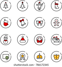 line vector icon set - christmas tree vector, santa claus, sock, glove, bell, bow, cake man, snowman, hat, wreath, sleigh, certificate, star medal, crown, butterfly