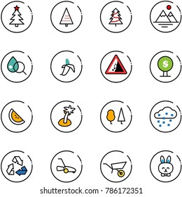line vector icon set - christmas tree vector, mountains, blood test, banana, landslide road sign, money, watermelone, palm, forest, snow, recycling, lawn mower, wheelbarrow, toy rabbit