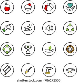 line vector icon set - christmas glove vector, snowfall, gloves, heart care, cash pay, volume max, social, friends, cup, hand sproute, wheel, bucksaw, clinch, drill, pipe welding