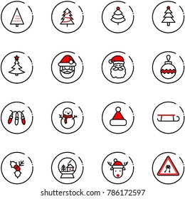 line vector icon set - christmas tree vector, santa claus, ball, garland, snowman, hat, sleigh, holly, snowball house, deer, slippery road sign