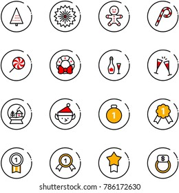line vector icon set - christmas tree vector, firework, cake man, lollipop, wreath, wine, glasses, snowball house, elf, gold medal, star, finger ring