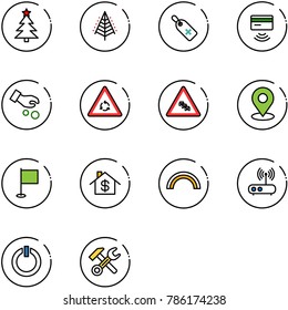 line vector icon set - christmas tree vector, medical label, tap pay, investment, round motion road sign, multi lane traffic, map pin, flag, home dollar, rainbow, wi fi router, standby button