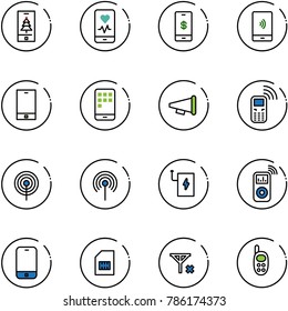 line vector icon set - christmas mobile vector, heart monitor, payment, phone, speaker horn, antenna, power bank, music player, sim, no signal, toy