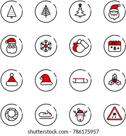 line vector icon set - christmas tree vector, santa claus, snowflake, gloves, calendar, hat, sleigh, holly, wreath, snowmobile, deer, slippery road sign