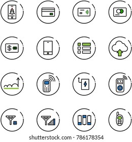 line vector icon set - christmas mobile vector, credit card, tap pay, phone, menu, upload cloud, growth, power bank, music player, no signal, fine, battery, toy