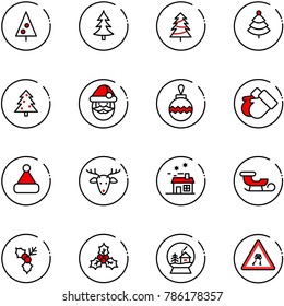 line vector icon set - christmas tree vector, santa claus, ball, gloves, hat, deer, house, sleigh, holly, snowball, slippery road sign