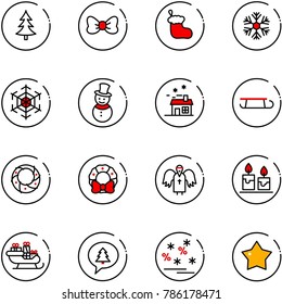line vector icon set - christmas tree vector, bow, sock, snowflake, snowman, house, sleigh, wreath, angel, candle, santa, merry message, sale, star medal
