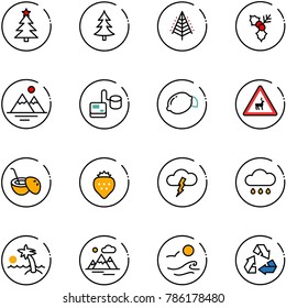 line vector icon set - christmas tree vector, holly, mountains, tonometer, lemon, wild animals road sign, coconut cocktail, strawberry, storm, rain cloud, palm, waves, recycling