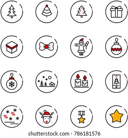 line vector icon set - christmas tree vector, gift, bow, santa claus, ball, landscape, candle, mobile, sale, deer hat, star medal