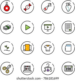 line vector icon set - christmas ball vector, candy, champagne, heart, dollar, play, presentation board, agreement, sproute, doors, t shirt, micro flash card, scissors, abacus, baby carousel