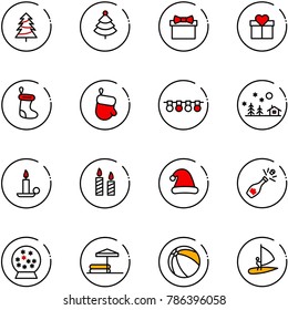 line vector icon set - christmas tree vector, gift, sock, glove, garland, landscape, candle, hat, champagne, snowball, inflatable pool, ball, windsurfing