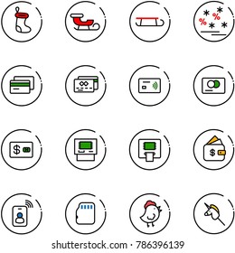 line vector icon set - christmas sock vector, sleigh, sale, credit card, tap pay, atm, finance management, identity, micro flash, chicken toy, unicorn stick