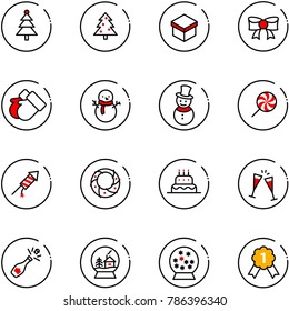 line vector icon set - christmas tree vector, gift, bow, gloves, snowman, lollipop, firework rocket, wreath, cake, wine glasses, champagne, snowball house, gold medal