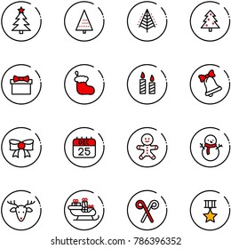 line vector icon set - christmas tree vector, gift, sock, candle, bell, bow, 25 dec calendar, cake man, snowman, deer, santa sleigh, stick, star medal