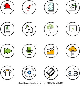 line vector icon set - christmas hat vector, firework rocket, breads, credit card, annual report, home, hand cursor, monitor, fast forward, office chair, growth, cloud ladder, t shirt, cd, bucksaw