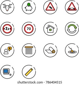 line vector icon set - christmas deer vector, piggy bank, multi lane traffic road sign, drawbridge, limited width, speed limit 70, home, refresh, money dialog, jalousie, mat, fishing, monoblock pc