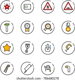 line vector icon set - christmas star vector, safe, Road narrows sign, artificial unevenness, work, gold medal, piston, casting of steel, clamp, plumber, metal hacksaw, cocncrete mixer, allen key