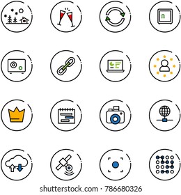 line vector icon set - christmas landscape vector, wine glasses, exchange, safe, link, statistics monitor, star man, crown, terms plan, camera, globe, cloud data, satellite, record button, circuit