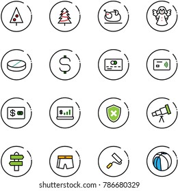 line vector icon set - christmas tree vector, turkey, angel, pill, dollar sign, credit card, tap pay, account statistics, shield cross, telescope, signpost, swimsuit, paint roller, basketball