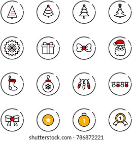 line vector icon set - christmas tree vector, firework, gift, bow, santa claus, sock, ball, garland, star medal, gold