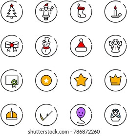 line vector icon set - christmas tree vector, santa claus, sock, candle, bow, snowman, hat, angel, certificate, star medal, crown, scythe, balloon smile, russian doll