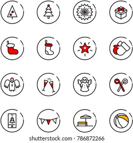 line vector icon set - christmas tree vector, firework, gift, sock, star, gloves, angel, wine glasses, santa stick, mobile, flag garland, inflatable pool, ball