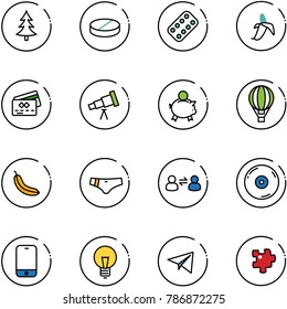 line vector icon set - christmas tree vector, pill, pills blister, banana, credit card, telescope, piggy bank, air balloon, swimsuit, information exchange, cd, mobile phone, bulb, paper plane