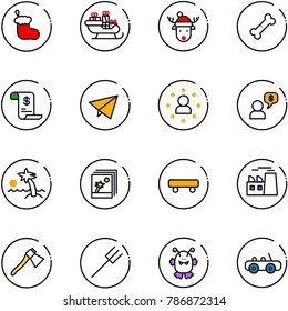 line vector icon set - christmas sock vector, santa sleigh, deer hat, broken bone, account history, paper fly, star man, money dialog, palm, photo, skateboard, plant, axe, farm fork, toy monster