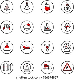 line vector icon set - christmas tree vector, glove, ball, garland, snowfall, fireplace, snowman, hat, sleigh, holly, snowball, ski, gift, slippery road sign