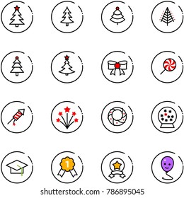 line vector icon set - christmas tree vector, bow, lollipop, firework rocket, wreath, snowball, graduate hat, gold medal, star, balloon smile