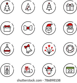 line vector icon set - christmas tree vector, gift, bow, santa claus, ball, bell, firework, wreath, mobile, sleigh, deer hat, calendar