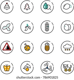 line vector icon set - christmas tree vector, blood test, lemon, three leafs, banana, spica, eggs, landslide road sign, moon flag, pineapple, rain cloud, butterfly, dolphin, wind mill, toy cat