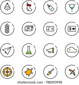 line vector icon set - christmas tree vector, sock, medical label, bladder, spica, credit card, tap pay, paper plane, flask, speaker horn, cloud, target, sea turtle, clinch, bow