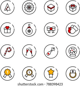 line vector icon set - christmas tree vector, firework, gift, ball, bow, gloves, lollipop, wine glasses, champagne, snowball, gold medal, star, finger ring