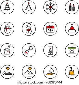 line vector icon set - christmas tree vector, snowflake, candle, snowman, calendar, hat, champagne, mobile, reading, pyramid, windsurfing, sand castle