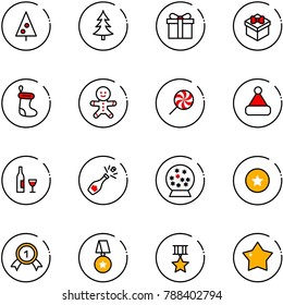 line vector icon set - christmas tree vector, gift, sock, cake man, lollipop, hat, wine, champagne, snowball, star medal, gold