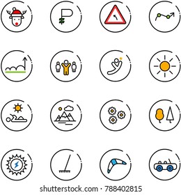 Line Vector Icon Set - Christmas Deer Hat Vector, Ruble, Turn Left Road Sign, Chart Point Arrow, Growth, Team Leader, Flying Man, Sun, Reading, Mountains, Flower, Forest, Power, Rake, Boomerang