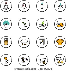line vector icon set - christmas tree vector, carrot, banana, broccoli, sproute, hand, coconut cocktail, pineapple, rain cloud, photo, shell, tulip, flower, wheelbarrow, toy cat
